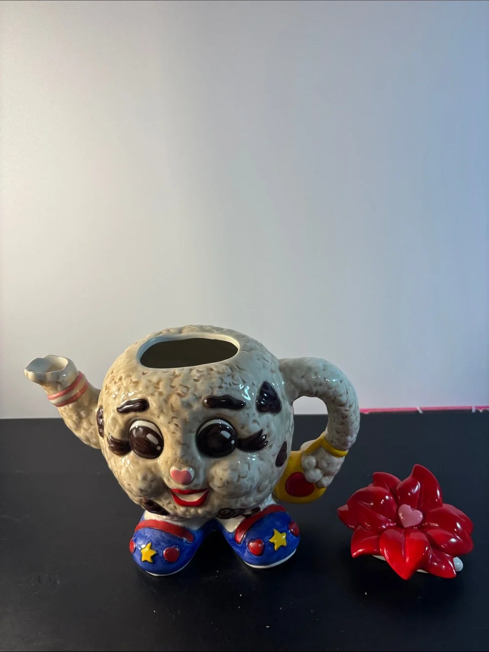 Fitz and Floyd Ceramic Character Teapot with Red Flower Top and Colorful Accents